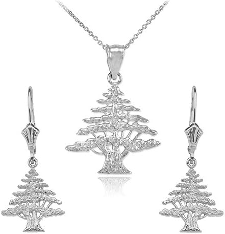 Textured 14k White Gold Lebanese Cedar Tree Necklace and Earring Set