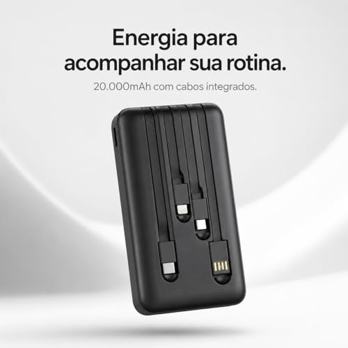 Power Bank Carregador Portátil Universal 20000mAh com Cabos Integrados USB-A, USB-C (Type-C), Micro-USB e USB-Light Carregamento Rápido Bateria Externa Compacta para Celular Android iOS(preto)