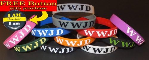 FREE"I AM" BUTTON w/purchase! 10PK ONE OF EACH COLOR Silicone Wristband/Bracelet"WWJD" (WWJD on front & back) ORIGINAL, DESIGNED BY TIFEPIPHANY