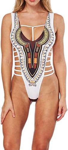 CHACOLY Women Sexy One Piece African Tribal Print Bikini High Cut Thong Monokini Cut Out Bandage Swimsuit Swimwear Beachwear White M