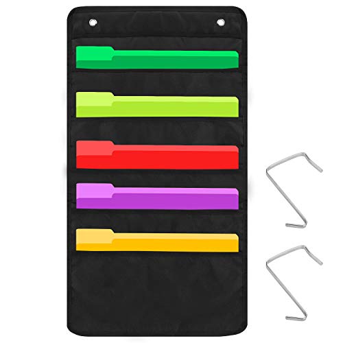 Sinzip Heavy Duty 5 Pocket Door Hanging File Organizer, Black Wall Storage Pocket Charts with 2 Hangers, Great for Classroom, School, Home or Office Use (5 Pocket)