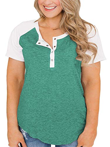 Womens Plus Size Tops Henley Shirts Short Sleeve Light Green 18W - Thumbnail 5