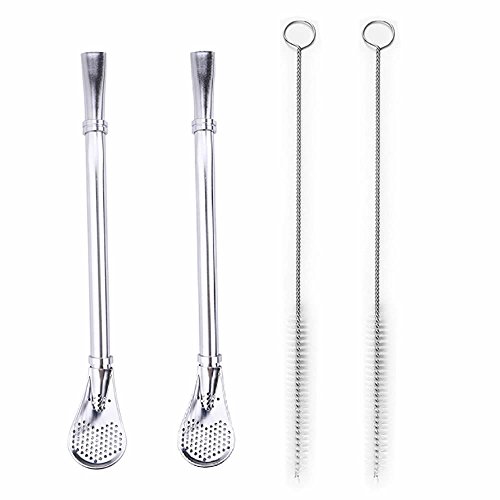 ISKYBOB 2 Pack Stainless Steel Straws Yerba Mate Bombilla Drinking Straws with Cleaning Brush