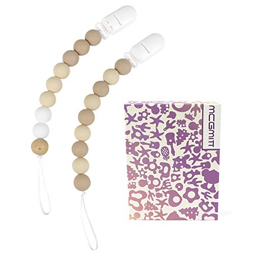 MCGMITT Pacifier Clip, Silicone Binky Teether Holder BPA Free Teething Beads for Baby Girls Boys, 2 Pack Shower Gift Set (Beige)