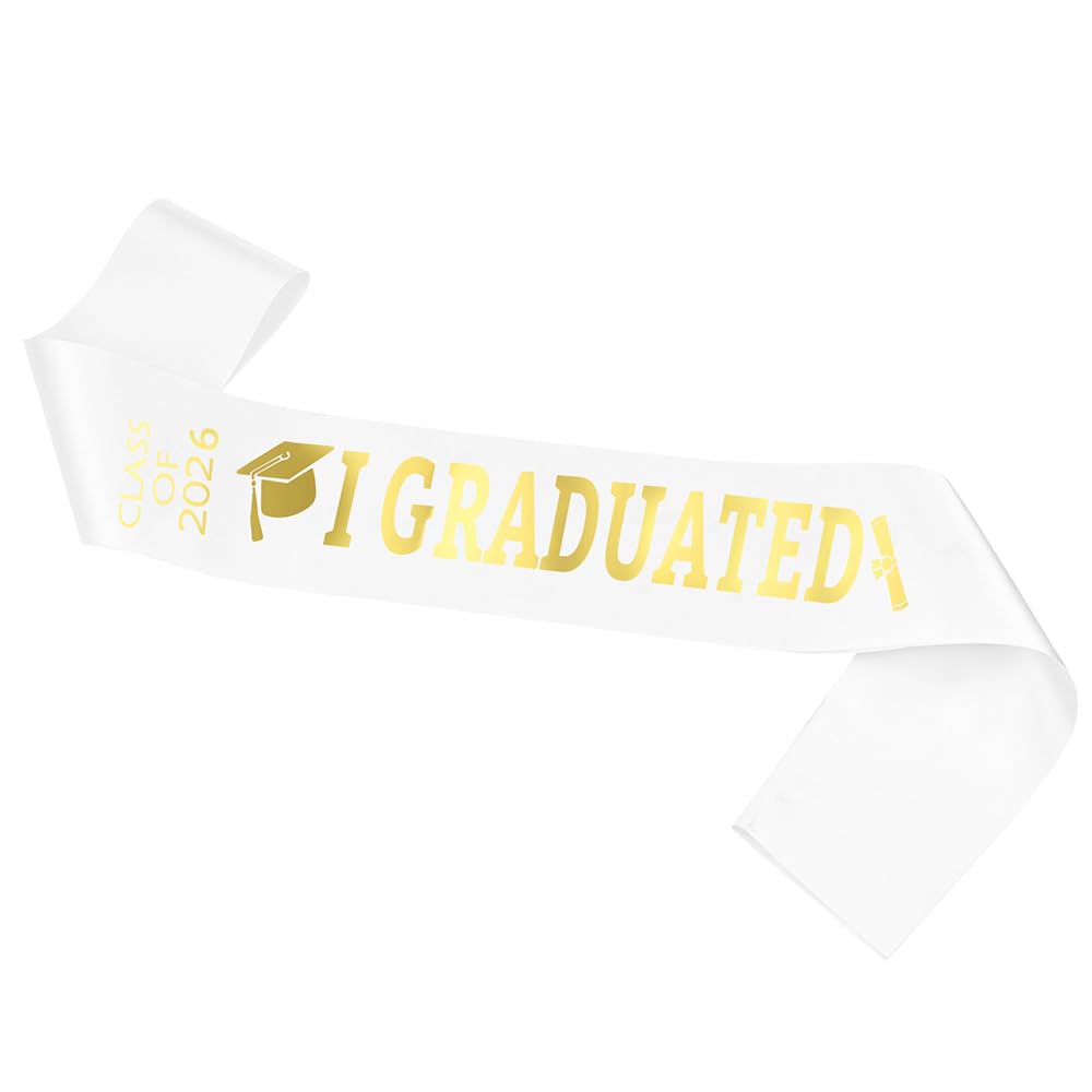 Topfunyy 2026 White Graduation Sash Gold Glitter Letter “I Graduated” Stain Sash for 2026 Graduation Party Supplies