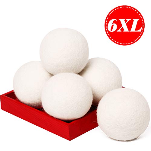Wool Dryer Balls 6-Pack XL Laundry Dryer Balls Reusable Natural Fabric Softener Handmade Dryer Balls 100% New Zealand Wool Organic Dryer Balls for 1000+ Loads Reduce Wrinkles (6White, XL)