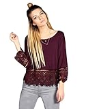 Bluetime Women's Long Sleeve Round Neck Lace Crochet Inset Top Blouse