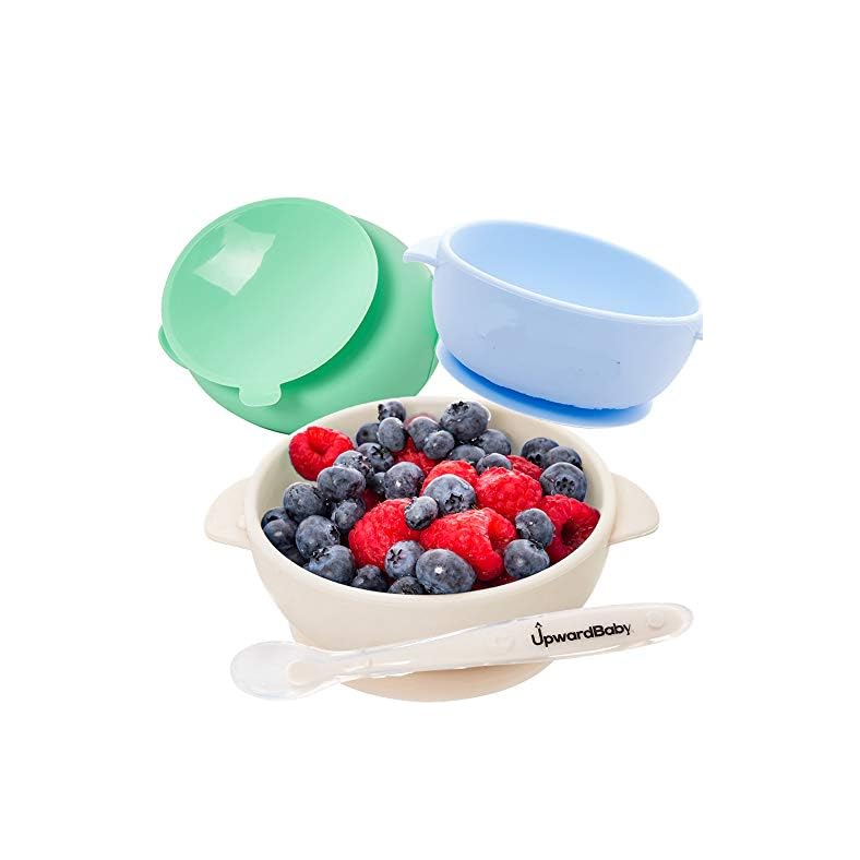 Upward Baby Bowls with Suction – 4 Piece Silicone Set with Spoon for Babies Kids Toddlers – BPA Free Baby Led Weaning…