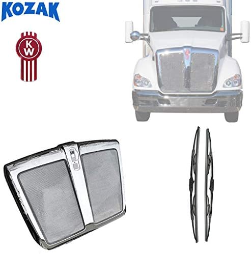 Kozak 送料無料カード決済可能 クロムグリルフレーム 虫よけスクリーン付き Kenworth T680 パーツ Kenworthロゴグリルエンブレムと2x22インチ フロントガラス L45 6064 110 ワイパー L29 6155 100 Plus