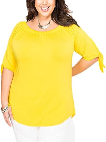 LAFASO Womens Off Shoulder Knot Short Sleeve Plus Size Top Tee Shirt Yellow 4XL