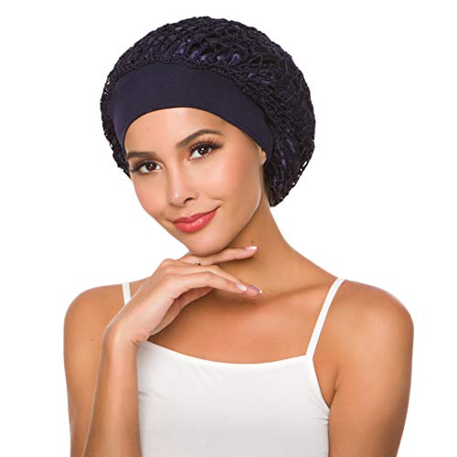 Women's Vintage Full Head Crochet Hair Net Snood Sleep Bonnet Cap Hair Accessories (Navy Blue)