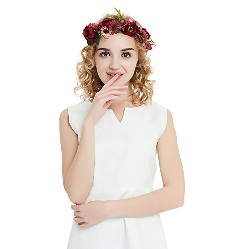 inSowni Handmade Rose Flower Wreath Crown Headband with Ribbon for Women Girls (Burgandy Daisy Ribbon)