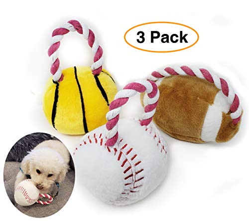 Pro Image Dog Sports Balls with a Squeaker | Soft Plush Toy, Puppy Play Toy (3 Pack) Basketball, Football & Baseball w/Attached Rope Pet tug a war