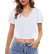 VETIOR Women's Short Sleeve V Neck Cropped Tshirt Casual Crop Top Tee Shirts with Pocket Loose Fit