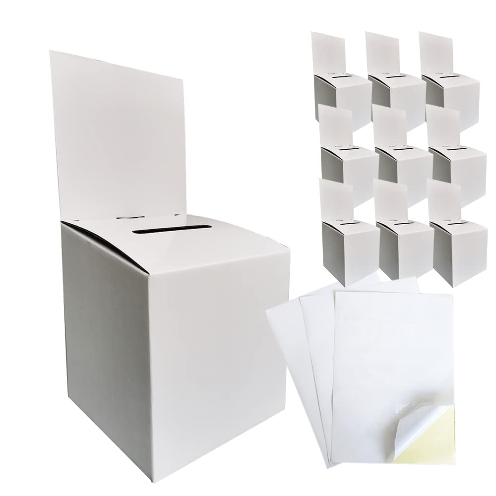CH-BOX 10 Pack 15x15x15 cm Cardboard Ballot Box, White Glossy for Suggestion Raffle Donation Collection, with Slot & Removable Header, Includes 12 Blank Labels