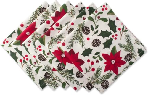 DII Woodland Holly Christmas Holiday Kitchen & Table Decor, Napkin Set, 20x20, Poinsettia & Christmas Greenery, 6 Count