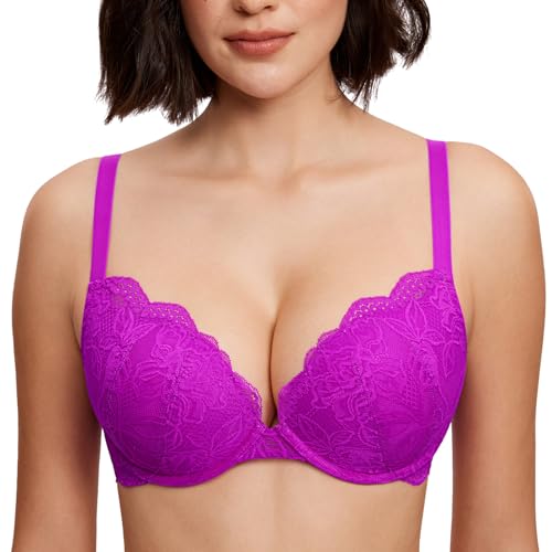 DOBREVA Women's Lace Push Up Bra Underwire Plunge Yan Purple red 38C at Amazon
