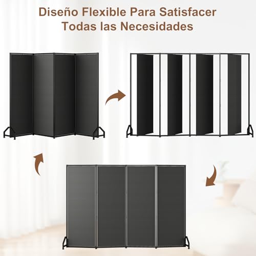 Uzelia Biombo Separador de Espacios, Biombo Divisor Portátil y Plegable de 4 Paneles, Pantalla giratoria de un Solo Panel, Separador de Ambientes 225 Ancho x 180 Alto cm de Habitación, Negro