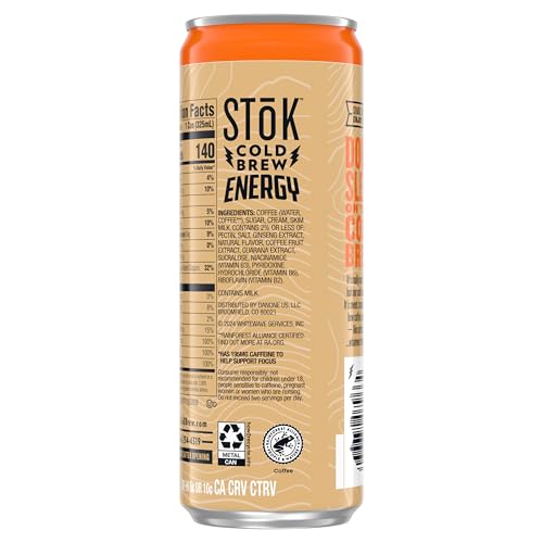 STOK COLD BREW ENERGY CARAMEL CREAM, READY TO DRINK CANNED COFFEE WITH 195MG CAFFEINE TO HELP SUPPORT FOCUS, B VITAMINS, GUARANA AND GINSENG, 11 FL OZ