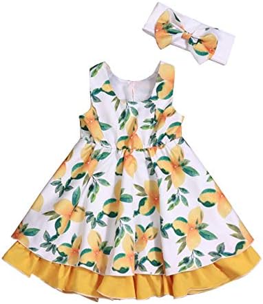 Yiner Toddler Baby Girl Clothes Sleeveless Lemon Print Dress Casual Summer Princess with Headband Sundress