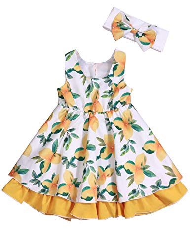 Yiner Toddler Baby Girl Clothes Sleeveless Lemon Print Dress Casual Summer Princess with Headband Sundress