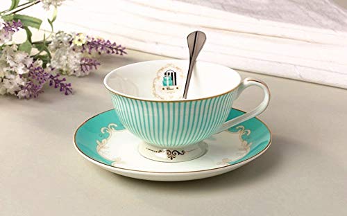 Krysclove Vintage Blue Bone China Teacup Spoon and Saucer Set, Delicate Royal Bone China Coffee Mug Print Cup Ceramic Tea Cups (Stripe)
