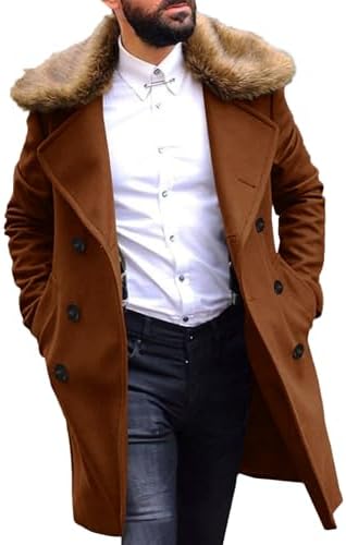 Gsywaipei Mens Fur Collar Trench Coat Thick Single Breasted Coat