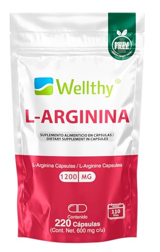 Wellthy L-Arginina 1200mg 220 Caps. 100% Pura y Natural, 110 Porciones por Envase, Alta Pureza con Certificaciones Internacionales, Bottle Free
