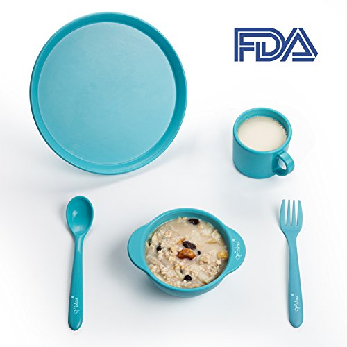 Childrens Dinnerware Set 5 Pieces, Yehua Baby, Toddler, Kids Tableware Set - Spoon, Fork, Cup, Plate, Bowl - FDA/BPA Free Certified Silicone, Unbreakable, Best Gifts With Child 1-13 Years Old - Blue