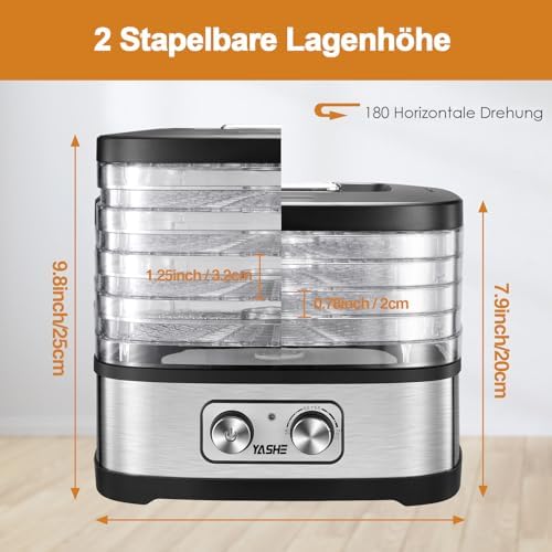 GGJ-261A Dörrautomat mit 5 höhenverstellbaren Tabletts, Temperaturregelung von 35-70°C, 240 Watt Dörrgerät für Obst und Gemüse, BPA-frei, Silber, Klar, Schwarz