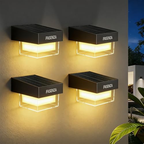 FASENZA Lámpara Solar Exterior: 400 Lúmenes, 3 Tonos de Luz Ajustables 3000K/4500K/6500K, Batería 1800mAh, IP65 Impermeable, para Jardín, Patio, Terraza, Pasillo, Valla, 2 Años de Garantía, 4 Piezas
