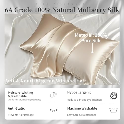100% Double-Sided Silk Pillowcase, 22 Momme, 6A, Washable, Hidden Zipper, Prevents Hair Frizz, Antibacterial and Anti-Static, Suitable for Sensitive Skin (Light champagne, 1PC 51x66cm（20" × 26"）)