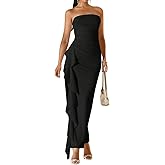 Narecte Womens Strapless Ruffle Bodycon Maxi Dress Side Slit Formal Evening Dress Elegant Bridesmaid Wedding Guest Dresses