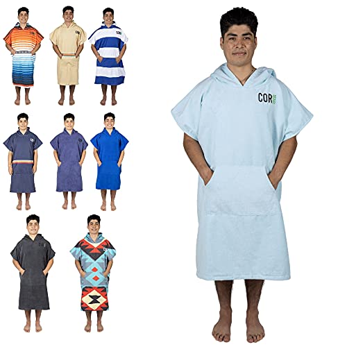 COR Surf Changing Towel Poncho for Adults - Soft and Quick Dry Microfibre Swimming Robe, Hooded Towel with Pockets, Lightweight and Fade-Resistant, Light Blue, L