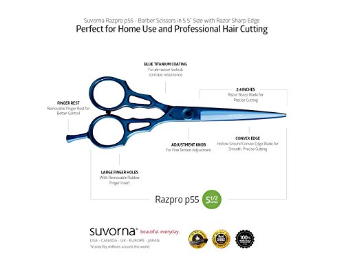 Suvorna Professional Barber Blue Titanium Razor Edge Hair Cutting and Texturizing Scissors Set Razpro P55, Blue, 16 Ounce