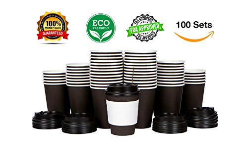 100 sets of Disposable Paper Coffee Cups with lids to go, 12oz. Hot drink Insulated Cups, Lids, Sleeves and Stirrers. Eco-Friendly.