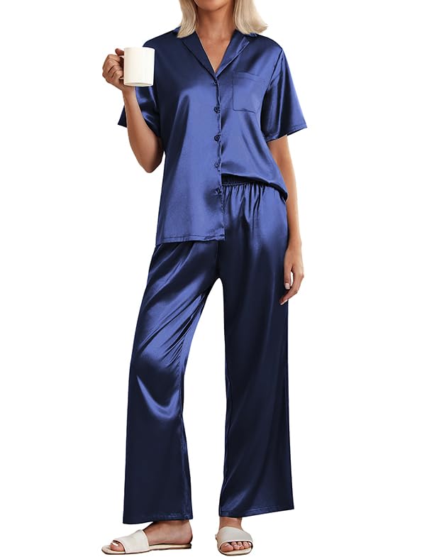 Photo 1 of Ekouaer Pajamas for Women Summer Silk Pjs Short Sleeve Loungewear Long Pants Set Notch Collar Sleepwear Set with Pockets,Navy,S