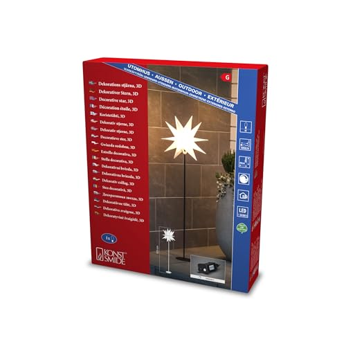 Konstsmide Weißer 3D Kunststoffstern, mit Standfuß, inkl. Dimmer und Memoryfunktion, 1 warm weiße Diode, 12V, Außen (IP44), 3,6W, schwarzes Kabel - 4465-270