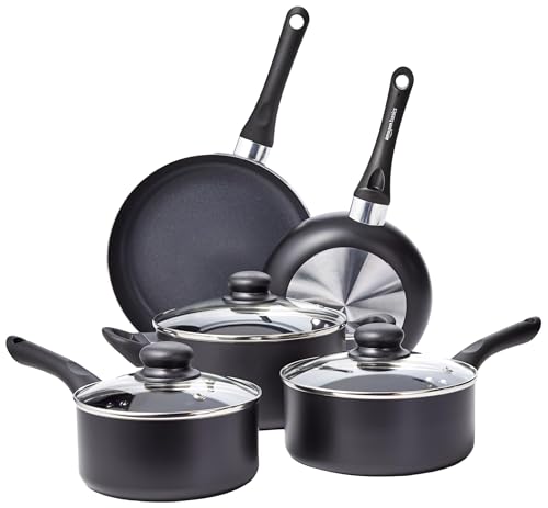 Amazon Basics 8-teiliges Keramik-Antihaft-Kochgeschirr-Set, Töpfe und Pfannen mit Deckeln, Spiralboden, Weiche Griffe, für Gas-, Elektro- und Glasherde, Schwarz