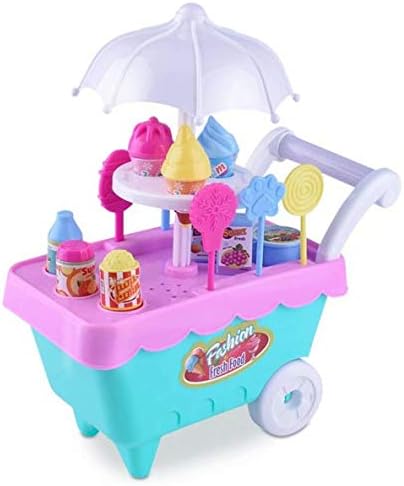 LOSOUL Ice Cream Candy Cart 16 PCS Pretend Play Food Dessert and Trolley Set Toys with Music and Lighting Kids and Girls Toyselody for Girls and Kids