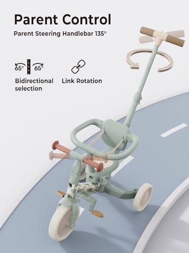 newyoo Lume TR008 Tricycle for Toddlers 1-3, 5-in-1 Push Bike with Parent Handle & Safety Guard, Convertible Balance Bike, Ideal Gift for 1-3 Year Olds, Moss