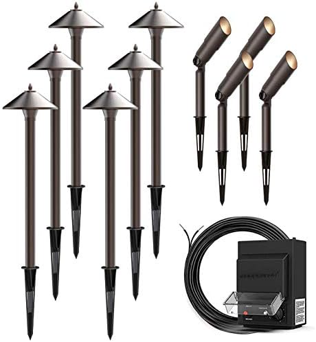 GOODSMANN Panorama Lighting Equipment Low Voltage Transformer and 10-Piece Low Voltage Flood Gentle with Metallic Spike and Connector for Backyard Pathway Driveway Out of doors 9920-9903-10