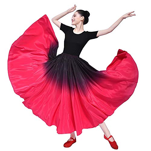 Womens Elegant Silk Feel Performance Long Skirt Black Red Indian Gradient Spain Bull Belly Dancer Dress Party Dress