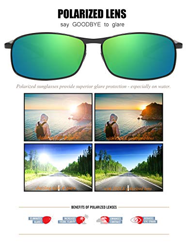 ZHILE Rectangular Polarized Sunglasses Al-Mg Alloy Temple Spring Hinge UV400 (Black/Green, Green mirrored)