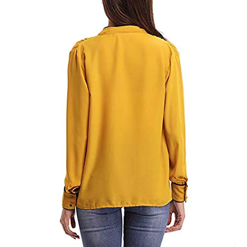 KFSO Women Autumn O Neck Long Sleeve Chiffon Bandage Tie Top Casual Blouse Tops T-Shirt (Yellow, M)