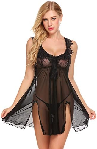 Keelied Women's Sexy Lingerie Babydoll Backless See-Through Lace Nightwear Halter Sexy Pajama Sleepwear Transparent Dress With G-String UK Black Red Pink Purple