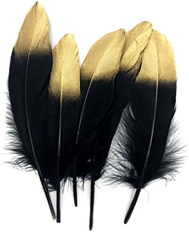 PANAX Real goose feathers with 15-22cm/ 6-9 Inches length - 50 pieces, 23 color variants, Carnival, Halloween, crafts, Handwerk, DIY, clothing, costumes, decoration Black with Gold Tip