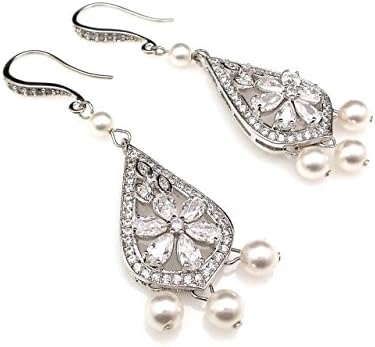 bridal wedding prom party earrings. cubic zirconia etched teardrop rhodium filigree chandlier earrings with cream or white round preal dangle with rhodium cubic hook earrings.