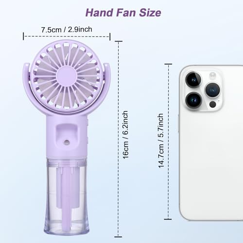 Handheld Fan Portable Fan with Rechargeable Water Battery Small USB Fan 4 Speeds Mini Handheld Fan for Holiday Outdoor Travel Accessories for Women (Purple)