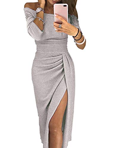 VIEWIM Women's Sexy Off Shoulder Ruched Long Sleeve Metallic High Slit Evening Party Cocktail Dress